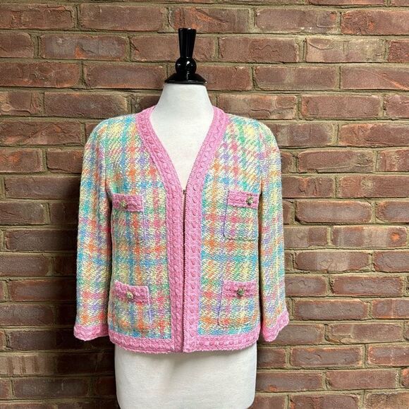 Edward Achour Paris Women’s Pink Multi Checkered Blazer Jacket Size 42 NEW - Picture 2 of 10